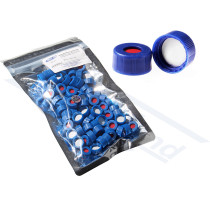 screw cap PP for vials ND9 with hole 6mm, blue, septa red silicone / white PTFE pgk.100pcs.